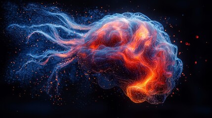 An abstract image of a brain made of colorful liquid, with swirling patterns and droplets, symbolizing creativity and thought processes, in vivid colors like red, blue, and yellow