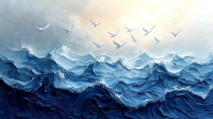 Obraz premium An abstract image of the ocean waves transforming into a flock of birds, symbolizing freedom and the connection between water and air, in gradients of blue, white, and soft pastels