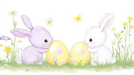 Obraz premium Adorable Easter Bunnies with Painted Eggs – Cute Spring Illustration for Festive Designs, perfect for children's book illustration 