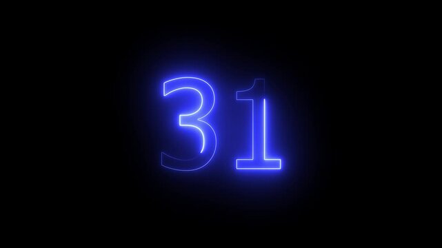 Energy Neon Number 31 Animation . Bright neon glowing number 31.Neon number 31 with alpha channel, neon numbers.neon text 31 number countdown icon background 4k animation .