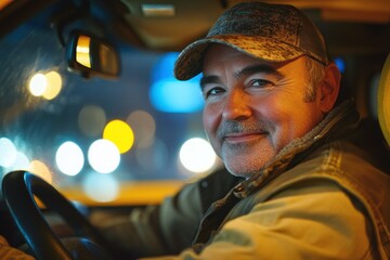 Obraz premium Smiling older man in a car during nighttime with city lights in the background