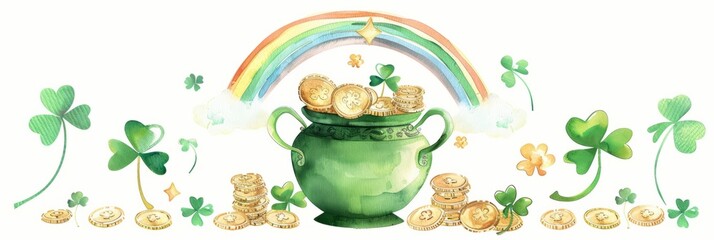 Fototapeta premium Seedlings growing in golden pots with gold coins scattered around, under a bright rainbow, symbolizing investment, savings, and financial growth, st. Patrick's day background
