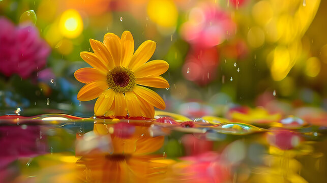 Bright yellow flower under raindrops floating on water. Bright colorful abstract background. Concept of happiness, harmony, peace, awareness