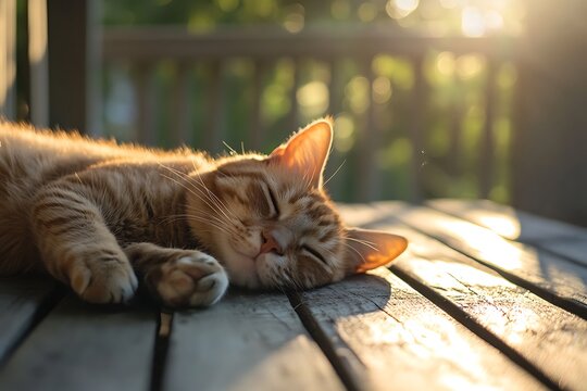 Ginger tabby cat peacefully sleeping on a wooden porch in warm sunlight.