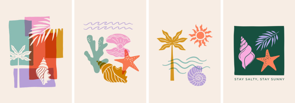 Summer backgrounds, cards, banner templates. Hand drawn modern illustrations, doodles, printable posters