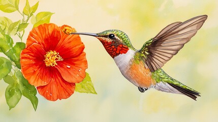 Fototapeta premium Vibrant Hummingbird and Hibiscus Flower Watercolor Painting, Detailed Close-up of Bird Feeding on Red Bloom