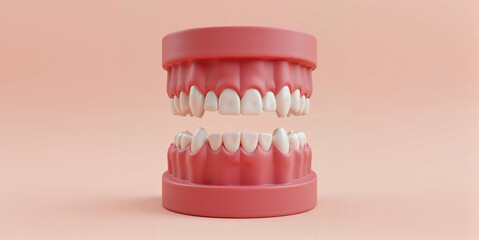 Dental model with realistic teeth and gums on pink background, for dental education, orthodontic websites, and oral health awareness campaigns