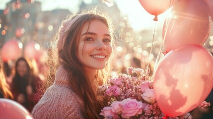 Fototapeta premium A cheerful Women's Day image features a woman smiling brightly, holding a bouquet of pink flowers and pink balloons. The warm sunlight and blurred crowd in the background enhance the festive mood.
