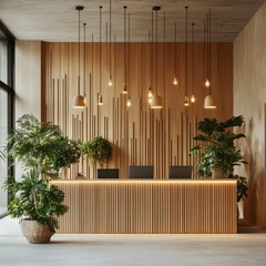 Wooden Reception Desk with Hanging Lights and Plants