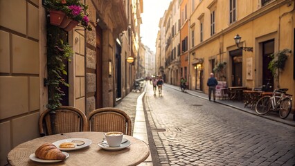 "A narrow cobblestone street in a European city (such as Paris, Rome, or Barcelona) with small cozy cafés. In the foreground, a table with a cup of coffee and a croissant, while tourists stroll in the © Nataliya Selyutina