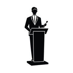 Dynamic presenter standing behind sleek podium while articulating key corporate strategies for success in meetings