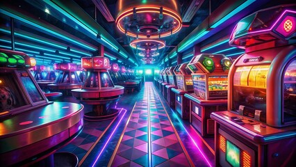 Panoramic 1970s Arcade Game Room - DDR Dance Machine & Retro Gaming Fun