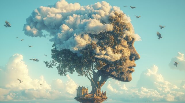 Ethereal Human-Tree Fusion Surrounded by Clouds and Birds in a Dreamlike Landscape