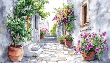 Fototapeta premium A Watercolor Painting Depicting a Pretty European Street Scene
