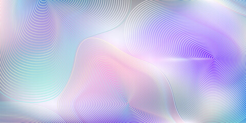 Obraz premium Abstract Background with Hologram Gradient and Lines. Vector Modern Graphic in Pastel Colors. Blue, White, Pink and Purple Lights Pattern Design. Wavy Banner with Gradation
