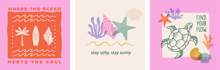 Summer backgrounds, cards, banner templates. Hand drawn modern illustrations, doodles, printable posters