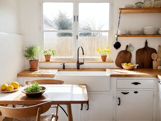 A sunny kitchen with white tile walls, a wooden table and sink