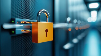 Cybersecurity threat monitoring for digital environment Closed padlock on a server, symbolizing data security and protection.