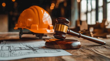 Labor law and construction with judges gavel, building model, safety helmet, blueprint plans, paper, pen on wooden desk