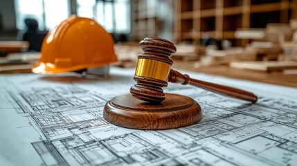Labor law and construction, judges gavel on blueprints, safety helmet, building model, wooden desk