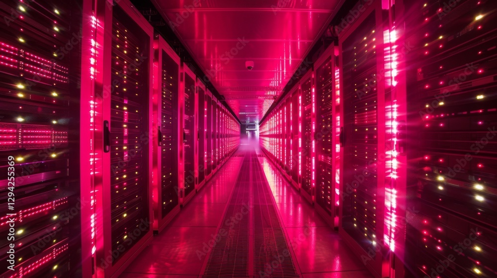 Poster A corridor of a data center glows with bright pink lights, revealing rows of servers lined up neatly along the walls. The atmosphere is vibrant and high tech, emphasizing the busy activity inside.