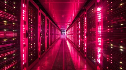 A corridor of a data center glows with bright pink lights, revealing rows of servers lined up neatly along the walls. The atmosphere is vibrant and high tech, emphasizing the busy activity inside.