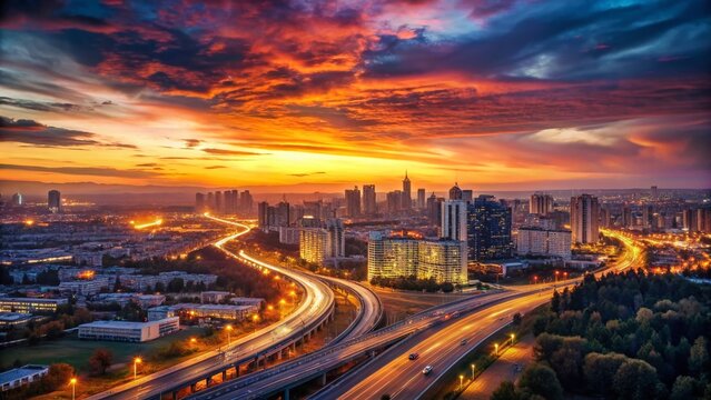 Panoramic Barnaul Cityscape: Ring Road Traffic at Sunset