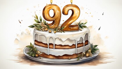 Illustration of decorated white cake for birthday or anniversary party. Number 92, ninety-second birthday celebration