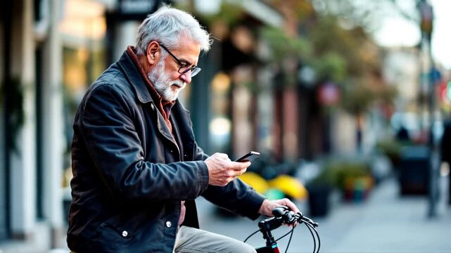 Senior man texting on phone, bike, city street, autumn. Use Retirement, communication, urban life