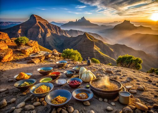 Panoramic Ethiopian Ras Dashen Peak: Rugged Mountain Landscape Food Photography