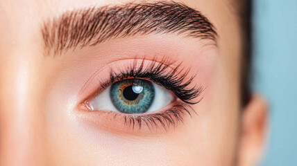 Fototapeta premium close up of beautiful eye showcasing vibrant blue iris and long eyelashes, highlighting intricate details of eyelid and brow