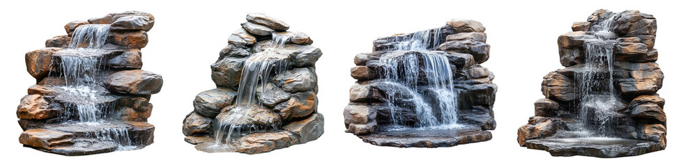 Collection of big waterfalls with rocks, cascades isolated on transparent background
