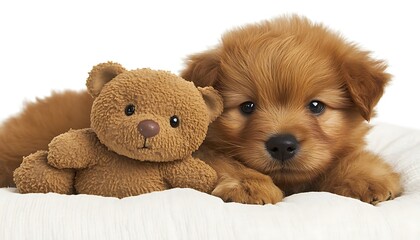 An adorable puppy is cuddling with a small brown teddy bear