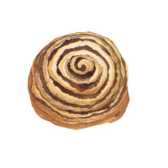 Watercolor illustration of baking. Hand drawn bun with poppy seeds from isolated clip art on white background. A bright and appetizing picture of a realistic watercolor bun for menus, signs