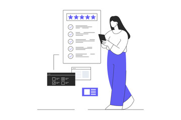 Online survey concept. Woman fill checklist, online survey questionnaire, poll, opinion or customer feedback. Flat Cartoon Vector Illustration, icon. Stylish abstract Flat design for website