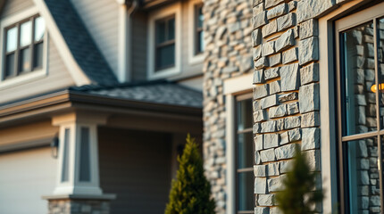 Obraz premium Luxury Home Exterior: Modern Stone and Brick Architecture. Discover the beauty of this stunning residential property design. Ideal for real estate and home design inspiration.