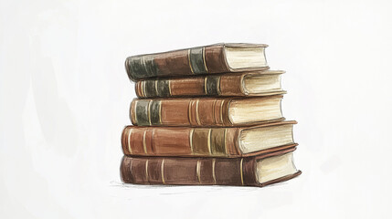 stack of vintage books with leather covers on white background