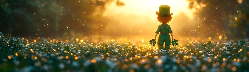 Whimsical Character in Green Outfit and Top Hat Standing in Sunlit Meadow with Blooming Flowers