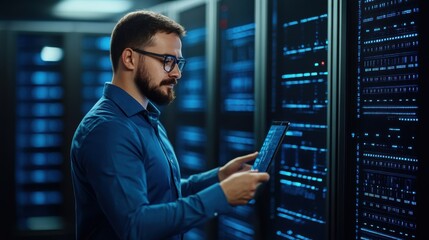 Professional IT Technician Analyzing Data on Tablet in Modern Server Room with Bright LED Lights
