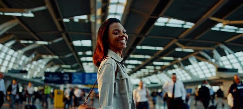 Joyful woman walking through busy urban train station with smiling passengers and sunlight