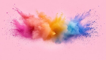 Colorful smoke explosion on a pink background, colorful powder paint in water, color splash effect, color clouds