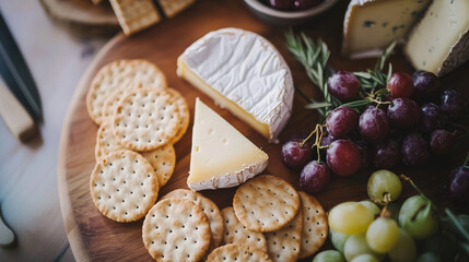 Delicious cheese and cracker platter with grapes and rosemary red food wine meal party snack tasty