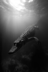 Crocodile in water in a black and white old photography style 