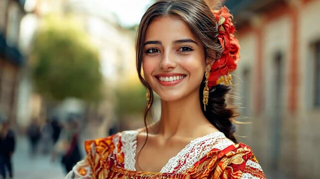 mexican or spanish young woman, girl in elegant white red dress with fowers in hair smiling on Madrid or Mexico background