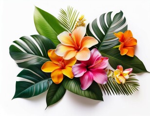 Fototapeta premium vibrant tropical flowers with green leaves isolated white background