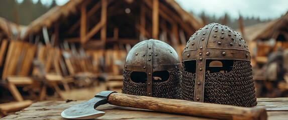 Two aged war helmets, a weathered ax on wooden table, thatched roof buildings create a sense of history and strength, evoking tales of bravery and survival