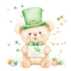 Lucky Bear: A charming illustration of a teddy bear donning a leprechaun hat and holding a lucky clover, capturing the spirit of luck and festive cheer.