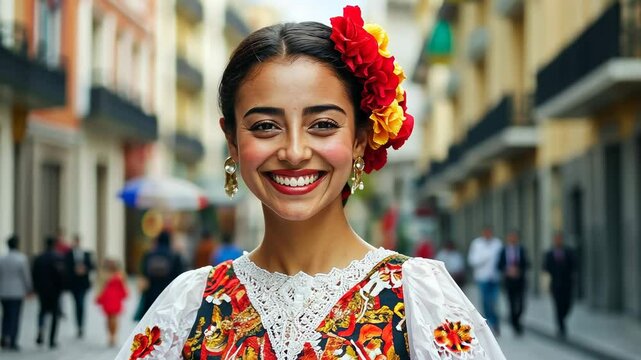 mexican or spanish young woman, girl in elegant white red dress with fowers in hair smiling on Madrid or Mexico background
