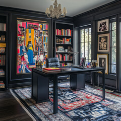 Stylish home office with bold artwork, black furniture, layered textiles, and moody lighting, creating a dynamic artistic ambiance
