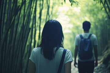 A woman walks away from a man in a bamboo forest, suggesting separation or contemplation.